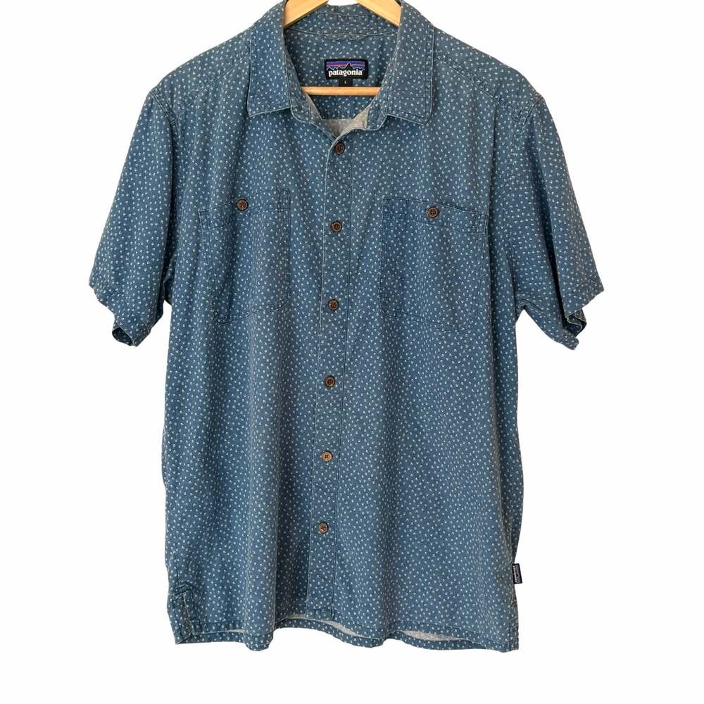 PATAGONIA Men's Back Step Hemp Cotton Shirt Blue Micro Medusa Jellyfish, Large